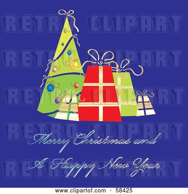 Vector Clip Art of Retro Blue Christmas Greeting with a Tree and Presents