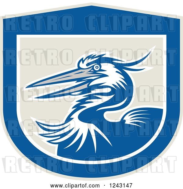 Vector Clip Art of Retro Blue Crane Bird in a Shield