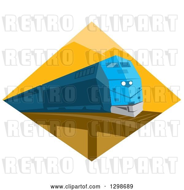 Vector Clip Art of Retro Blue Diesel Train on a Bridge Inside a Yellow Diamond