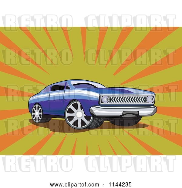 Vector Clip Art of Retro Blue Ford Fairmont Muscle Car over Rays