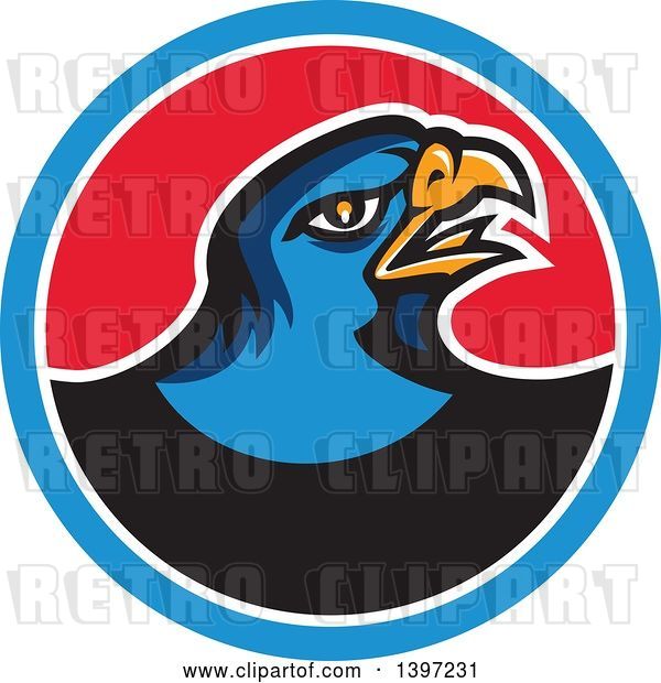 Vector Clip Art of Retro Blue Hawk Bird in a Blue White and Red Circle
