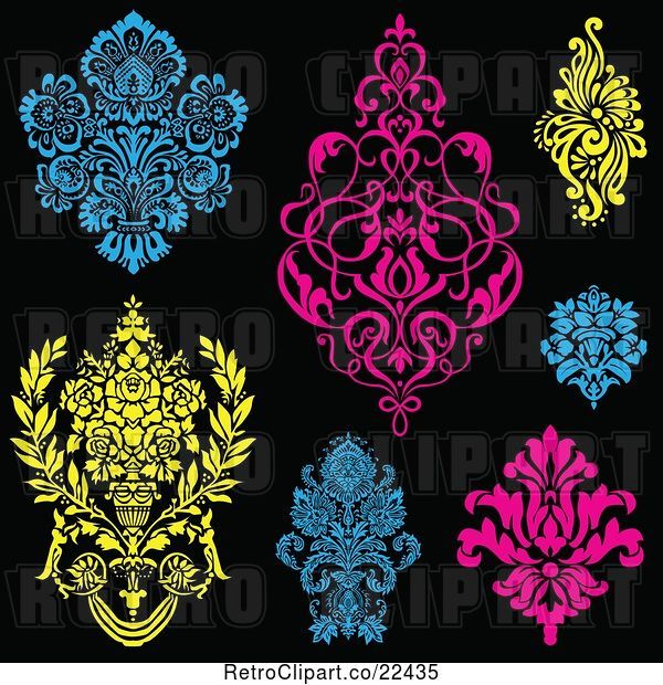 Vector Clip Art of Retro Blue Pink and Yellow Victorian Floral Damask Design Elements