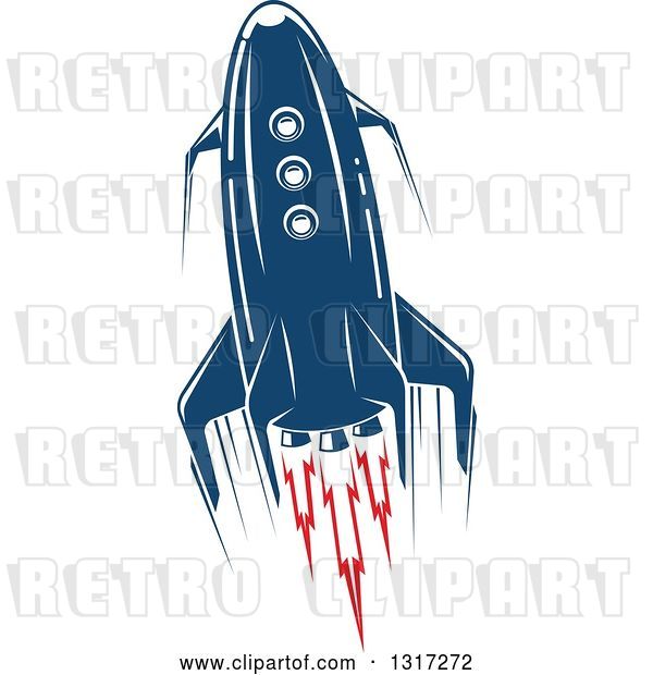 Vector Clip Art of Retro Blue Rocket with Red Flames 11