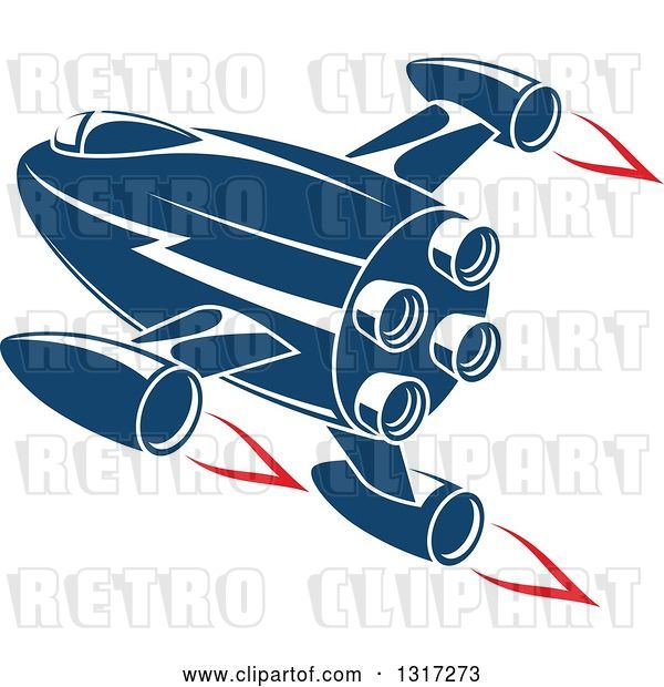 Vector Clip Art of Retro Blue Rocket with Red Flames 12