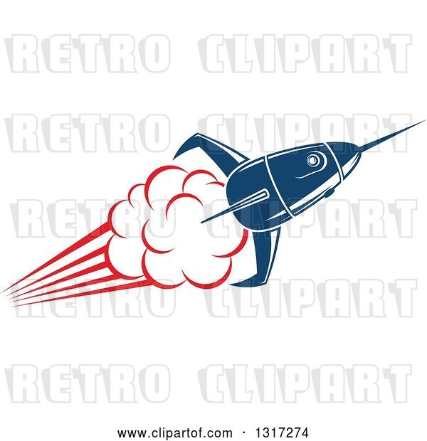 Vector Clip Art of Retro Blue Rocket with Red Flames 13