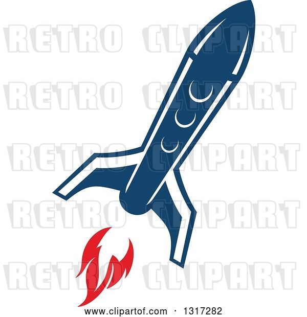 Vector Clip Art of Retro Blue Rocket with Red Flames 17
