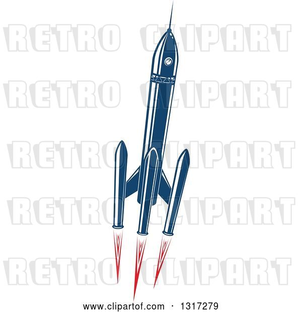 Vector Clip Art of Retro Blue Rocket with Red Flames 2