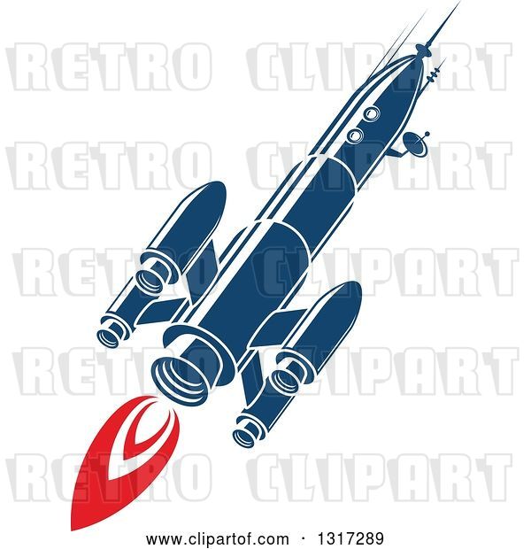 Vector Clip Art of Retro Blue Rocket with Red Flames 4