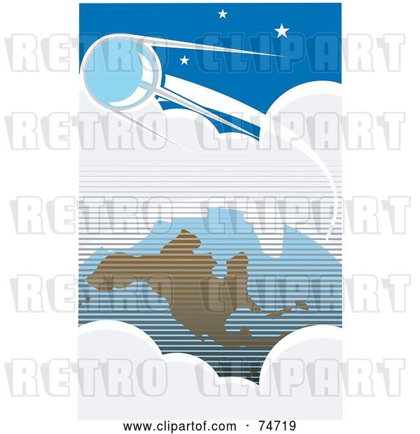 Vector Clip Art of Retro Blue Scene of Sputnik Orbiting Around Clouds and Earth