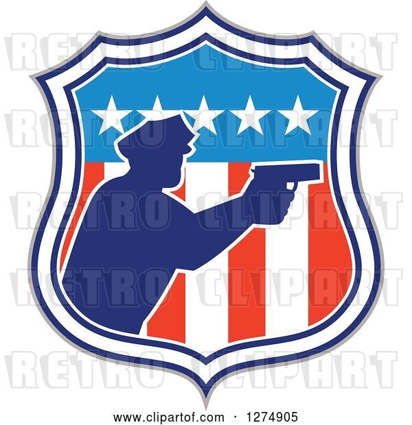 Vector Clip Art of Retro Blue Silhouetted Male Police Officer Aiming a Firearm in an American Flag Circle