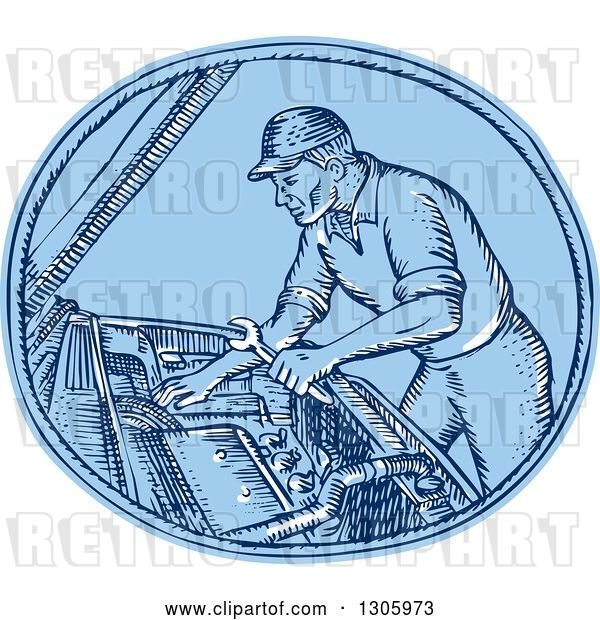 Vector Clip Art of Retro Blue Sketched or Engraved Mechanic Working on a Car's Engine in an Oval