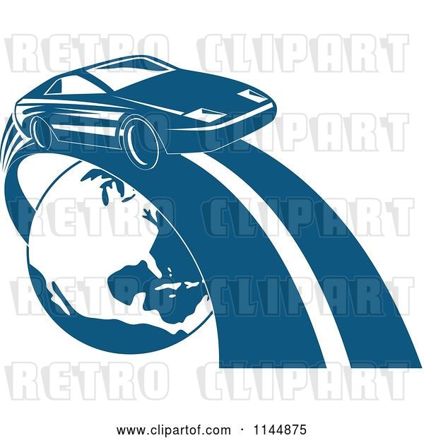 Vector Clip Art of Retro Blue Sports Car on a Road Around Earth