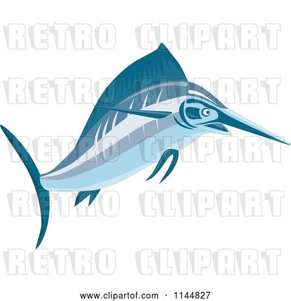 Vector Clip Art of Retro Blue Swordfish Leaping 1