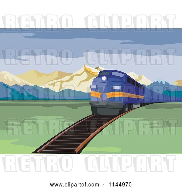 Vector Clip Art of Retro Blue Train in a Valley