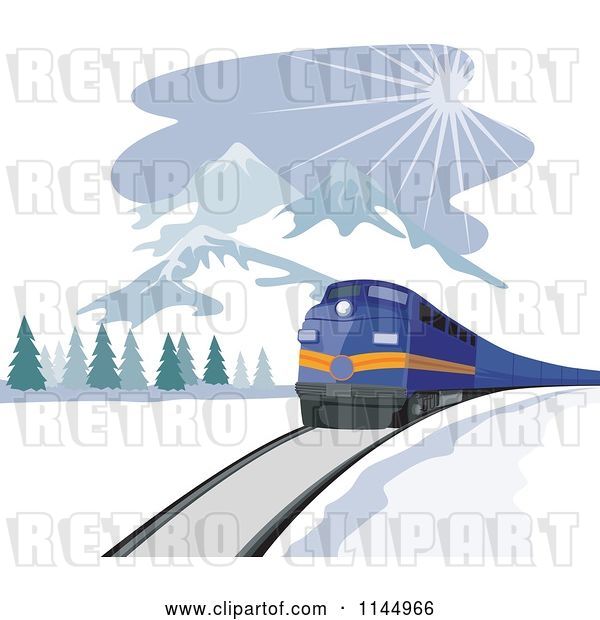 Vector Clip Art of Retro Blue Train near Mountains