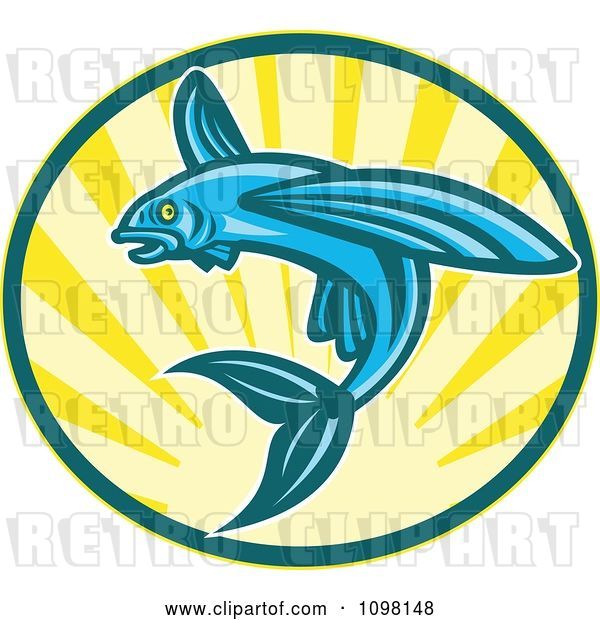 Vector Clip Art of Retro Blue Woodcut Flying Fish Jumping over Sunshine
