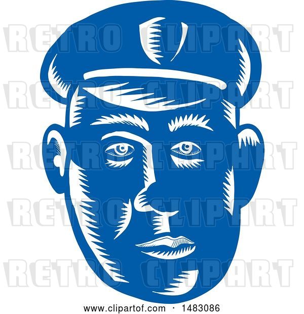 Vector Clip Art of Retro Blue Woodcut Police Guy's Face