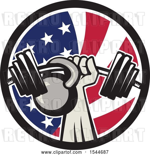 Vector Clip Art of Retro Bodybuilder Arm Holding up a Bent Barbell and Kettlebell in an American Flag Circle