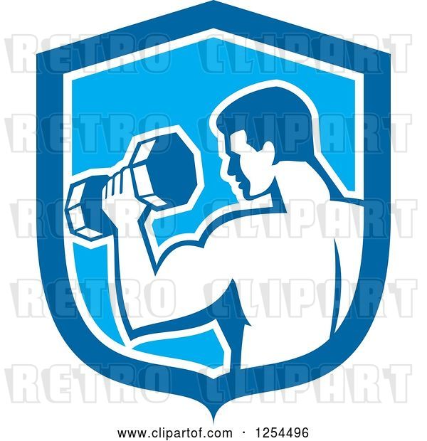 Vector Clip Art of Retro Bodybuilder Doing Bicep Curls with a Dumbbell in a Blue Shield