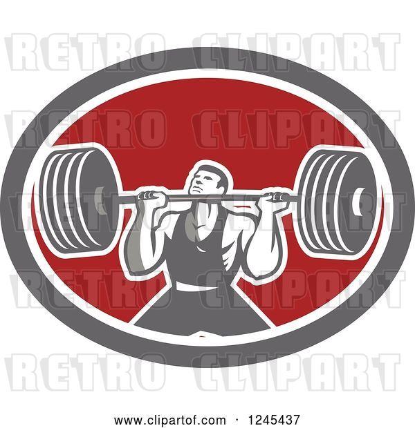 Vector Clip Art of Retro Bodybuilder Doing Squats with Dumbbells in an Oval