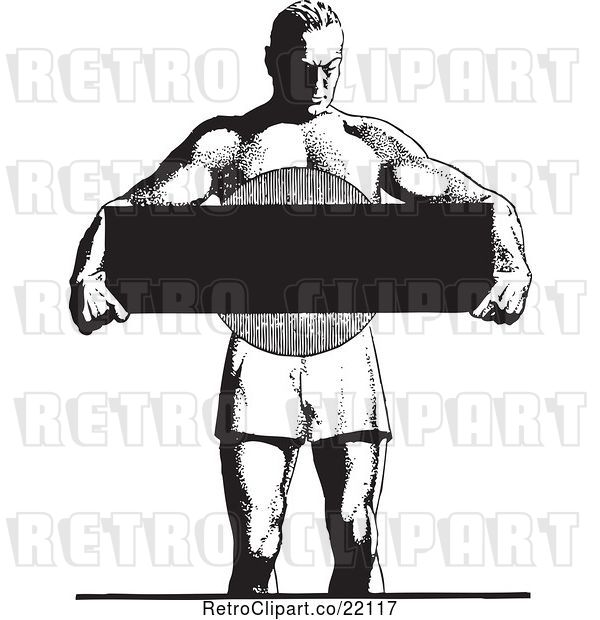 Vector Clip Art of Retro Bodybuilder Holding a Blank Sign