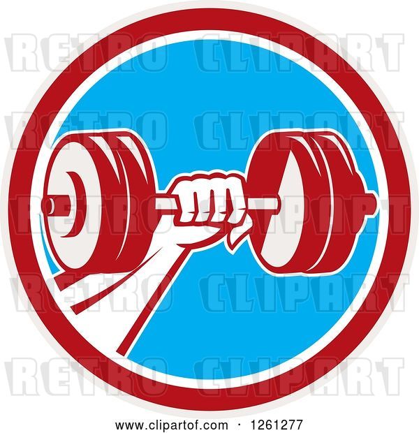 Vector Clip Art of Retro Bodybuilder's Hand Holding a Dumbbell in a Red White and Blue Circle