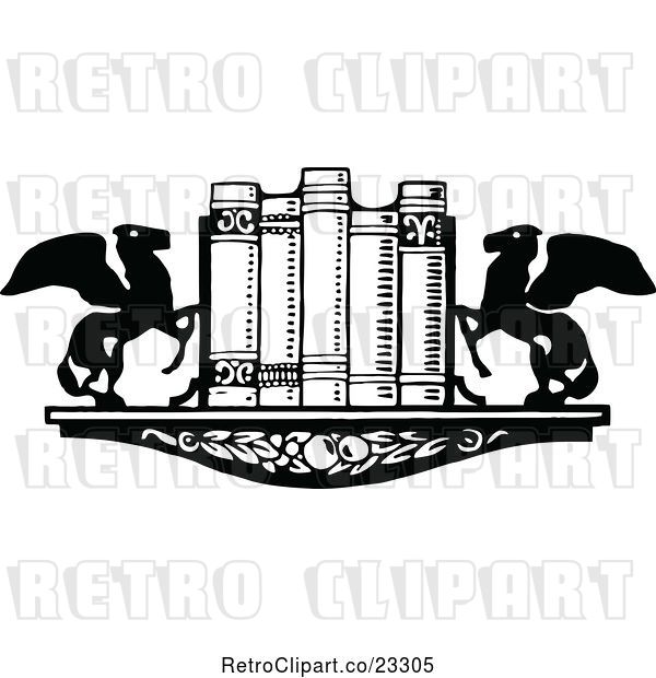 Vector Clip Art of Retro Book Shelf with Winged Horse Ends