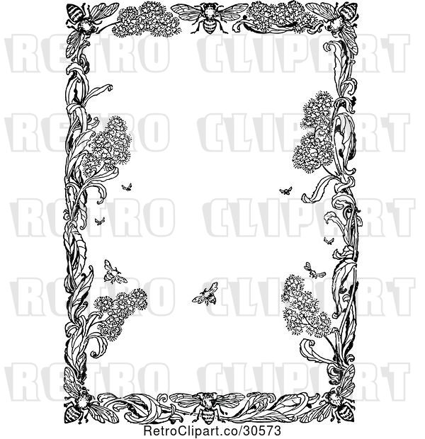 Vector Clip Art of Retro Border of Bees and Leaves
