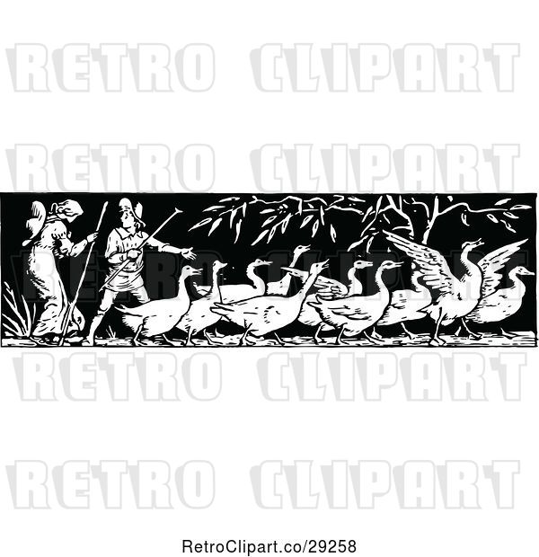 Vector Clip Art of Retro Border of Geese and People