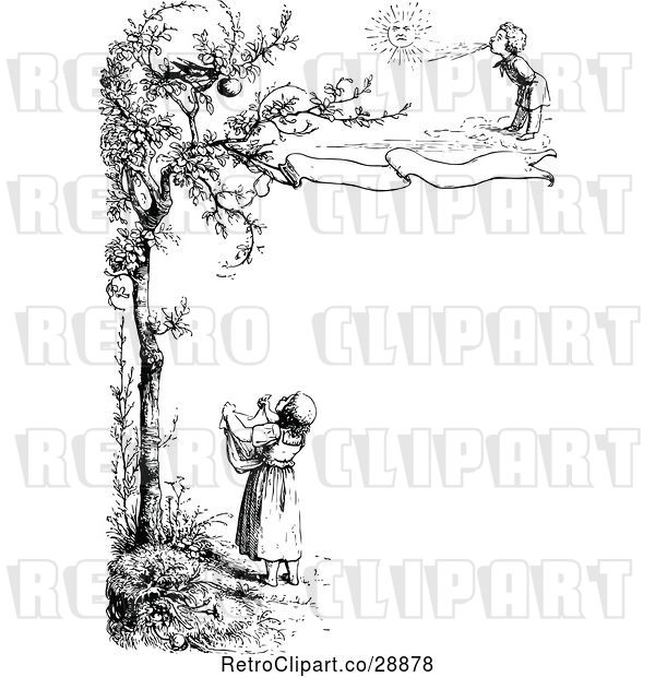 Vector Clip Art of Retro Border of KChildren and a Bird in a Tree