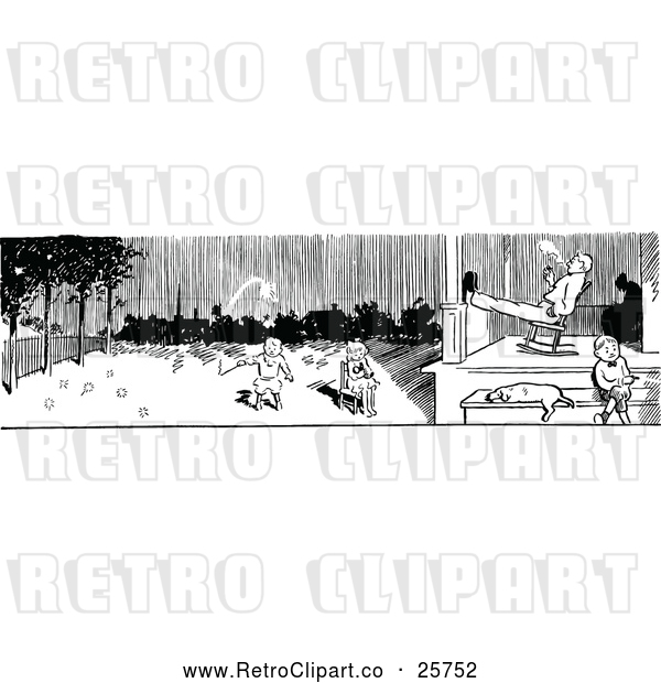 Vector Clip Art of Retro Border of Parents and Children Playing in a Yard