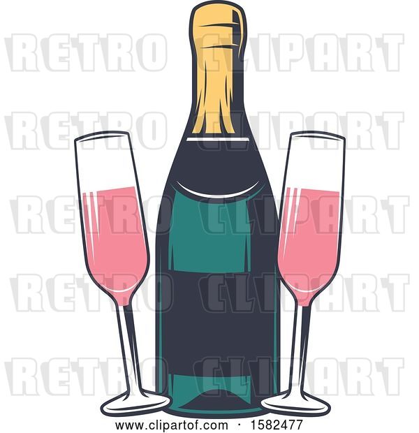 Vector Clip Art of Retro Bottle and Glasses of Pink Champagne