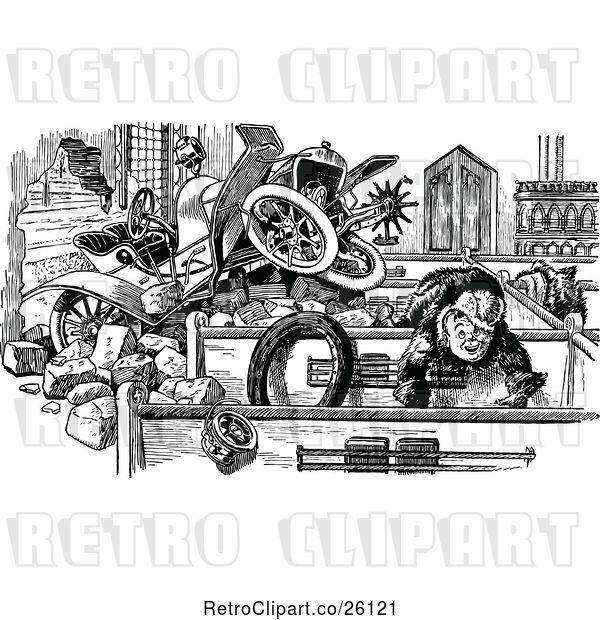 Vector Clip Art of Retro Boy and Car Accident in a Building