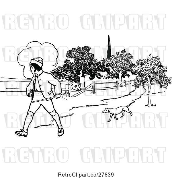 Vector Clip Art of Retro Boy and Dog Walking