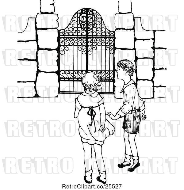 Vector Clip Art of Retro Boy and Girl at a Gate