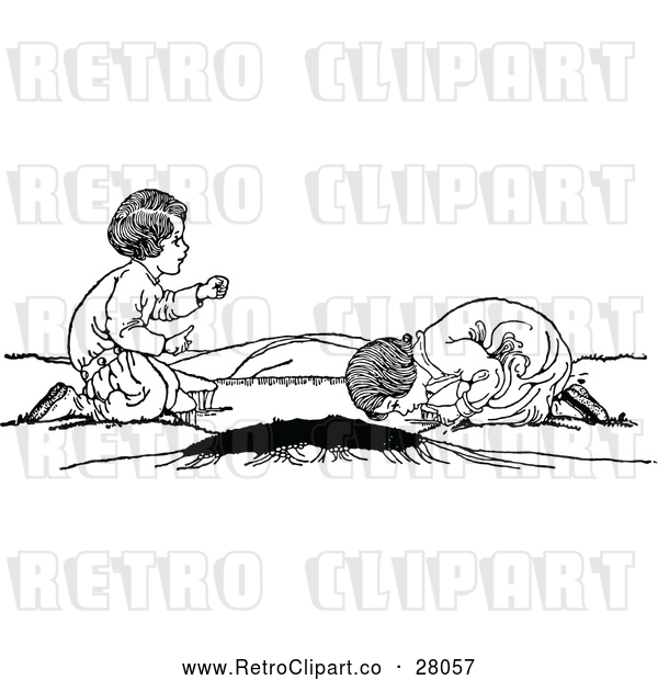 Vector Clip Art of Retro Boy and Girl by a Hole and Cliff
