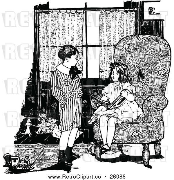 Vector Clip Art of Retro Boy and Girl Discussing a Book in a Living Room
