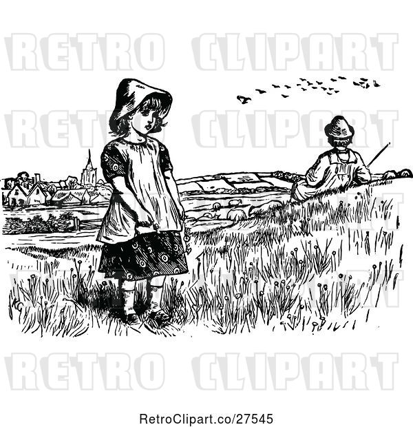 Vector Clip Art of Retro Boy and Girl near a Village