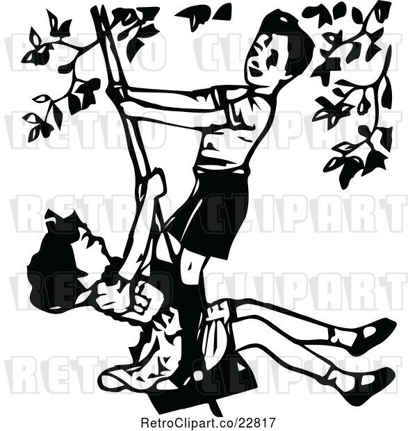 Vector Clip Art of Retro Boy and Girl Playing on a Swing