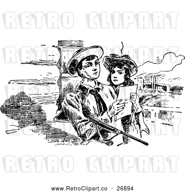 Vector Clip Art of Retro Boy and Girl Reading a Note