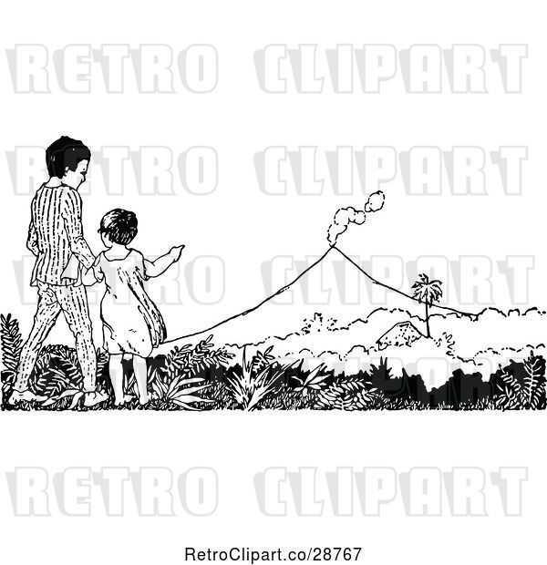 Vector Clip Art of Retro Boy and Girl Watching a Volcano