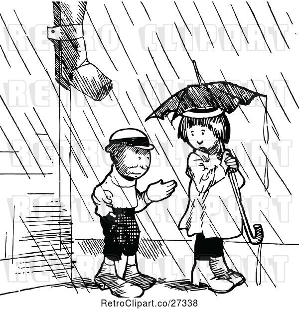 Vector Clip Art of Retro Boy and Girl with an Umbrella in the Rain