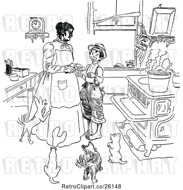 Vector Clip Art of Retro Boy and Mother with Dogs in a Kitchen