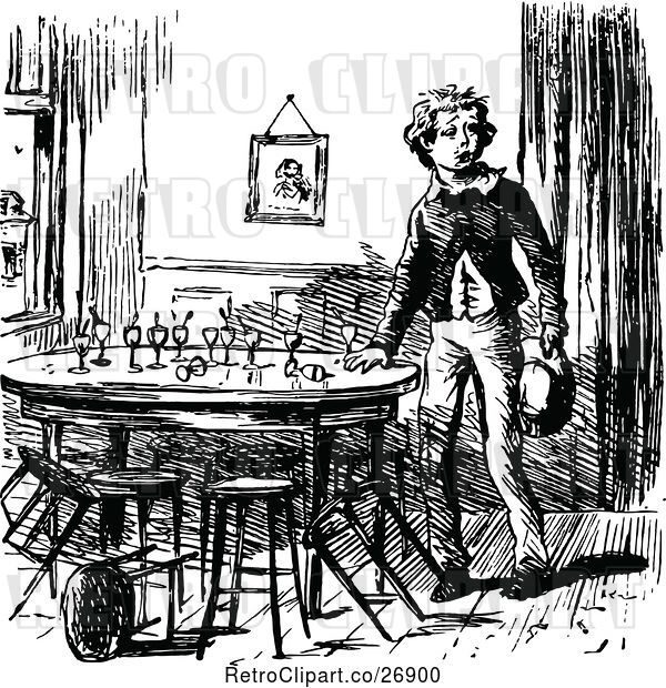 Vector Clip Art of Retro Boy at a Table with Cocktail Glasses