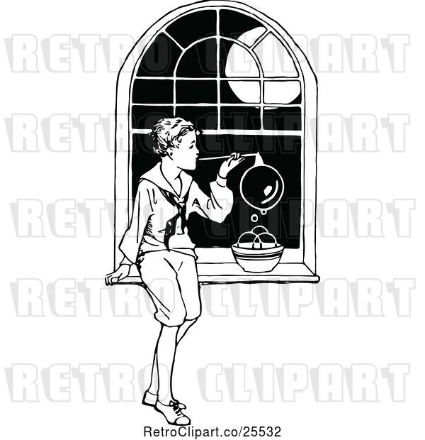 Vector Clip Art of Retro Boy Blowing Bubbles by a Window
