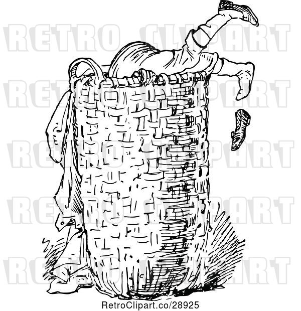 Vector Clip Art of Retro Boy Digging in a Laundry Basket