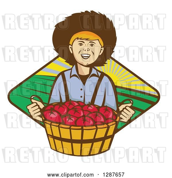 Vector Clip Art of Retro Boy Farmer Holding a Bushel of Tomatoes over a Farmland Diamond