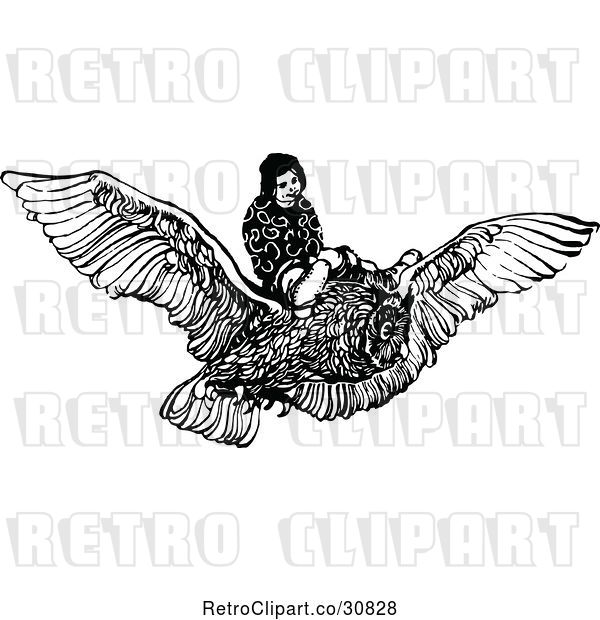 Vector Clip Art of Retro Boy Flying on an Owl