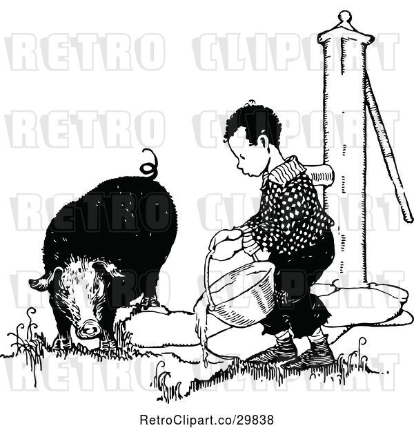 Vector Clip Art of Retro Boy Giving Water to a Pig