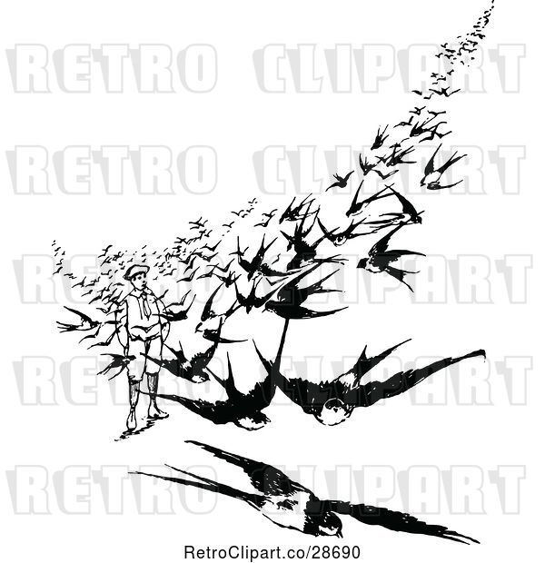 Vector Clip Art of Retro Boy in a Flock of Birds